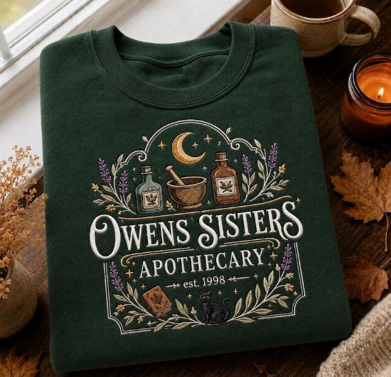 Owens Sisters Apothecary Embroidered Halloween Sweatshirt, Witchy Graphic Crewneck, Spooky Season Apparel, Cottagecore Moon Herb Sweater
