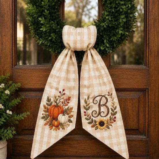 Personalized Fall Wreath Sash, Embroidered Pumpkin Door Bow With Monogram, Autumn Front Door Decor, Thanksgiving Ribbon Gift