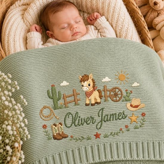 Personalized Baby Blanket with Name | Embroidered Cowboy Horse Western Knit Blanket | Baby Boy Nursery Decor |Baby Shower Gift |Newborn Gift