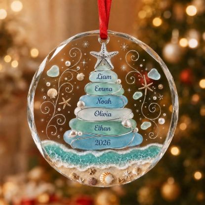Personalized Family Sea Glass Christmas Tree Ornament, Coastal Beach Heart Glass Ornament, Grandchildren Family Keepsake Gift 2026
