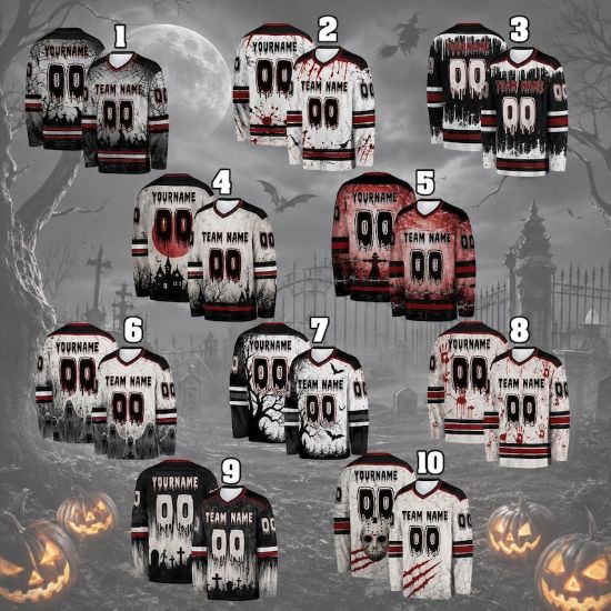 Custom Halloween Hockey Jersey, Personalized Horror Costume Top, Spooky Name Number Sports Shirt, Long Sleeve Halloween Gift for Him Her