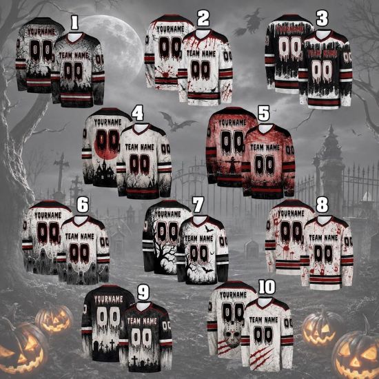 Custom Halloween Hockey Jersey, Personalized Horror Costume Top, Spooky Name Number Sports Shirt, Long Sleeve Halloween Gift for Him Her