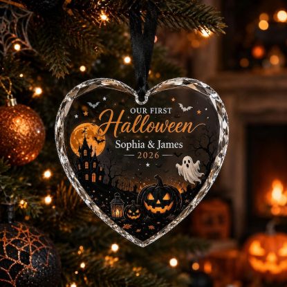 Our First Halloween Ornament, Personalized Couple Heart Keepsake with Custom Names and Year, Spooky Haunted House Pumpkin Ghost Gift 2026