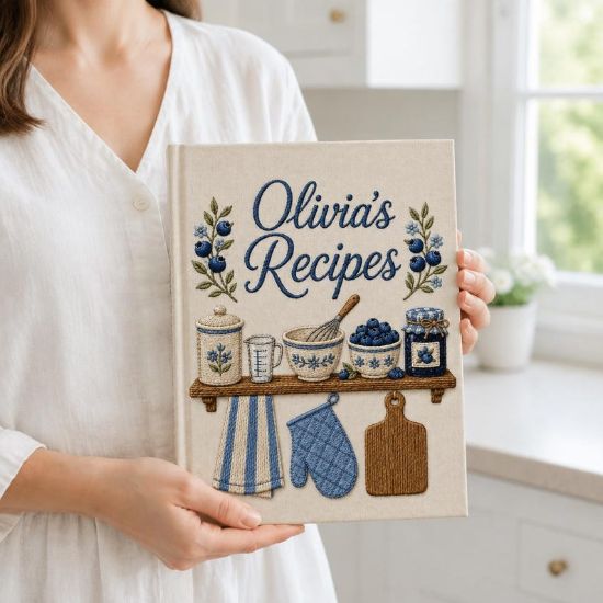 Personalized Hand Embroidered Recipe Book, Blueberry Linen Cookbook, Custom Name Recipe Journal, Family Recipe Keepsake, Baker Gift