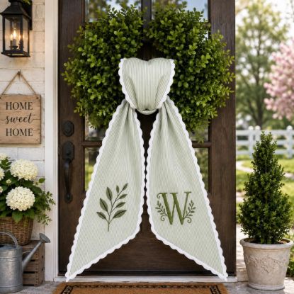 Personalized Embroidered Monogram Wreath Sash, Sage Green Stripe Olive Branch Door Bow, White Ric Rac Porch Decor, Initial Ribbon Gift 2026