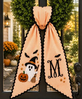 Custom Halloween Ghost Embroidery Ghost Pumpkins Name Sash, Embroidery Monogram Spooky Bow, Custom Name Gingham Ribbon, Halloween Decor