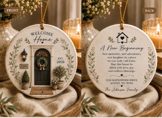 Personalized New Home Ornament, Custom Address Family Name Ceramic Bauble, First Hoame Housewarming Gift 2026, New Homeowner Keepsake