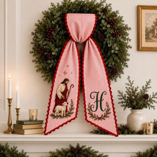 Custom Christmas Holy Family Wreath Sash, Nativity Door Ribbon, Embroidered Jesus Monogram Bow, Christian Holiday Decor