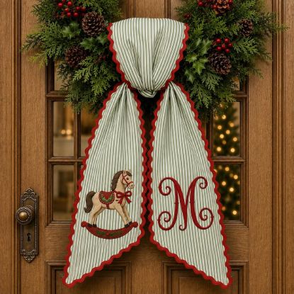 Embroidered Personalized Christmas Wooden Horse Sash, Vintage Rocking Horse Wreath Bow, Monogram Holiday Door Decor, Classic Christmas Sash
