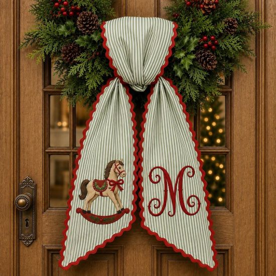 Embroidered Personalized Christmas Wooden Horse Sash, Vintage Rocking Horse Wreath Bow, Monogram Holiday Door Decor, Classic Christmas Sash