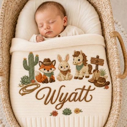 Personalized Cowboy Baby Blanket with Name | Embroidered Western Woodland Animals |Soft Knit Nursery Blanket |Baby Shower Gift |Newborn Gift