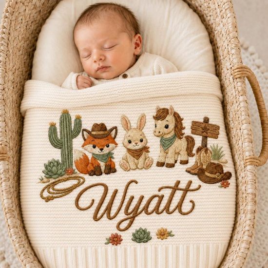 Personalized Cowboy Baby Blanket with Name | Embroidered Western Woodland Animals |Soft Knit Nursery Blanket |Baby Shower Gift |Newborn Gift