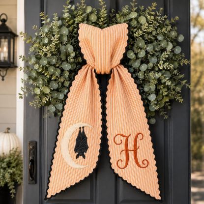 Personalized Halloween Wreath Sash, Orange Stripe Bat and Moon Door Bow, Monogrammed Spooky Farmhouse Front Door Decor, Halloween Gift