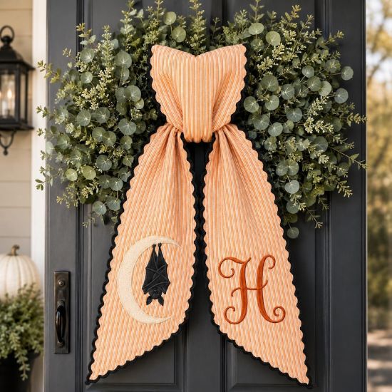 Personalized Halloween Wreath Sash, Orange Stripe Bat and Moon Door Bow, Monogrammed Spooky Farmhouse Front Door Decor, Halloween Gift