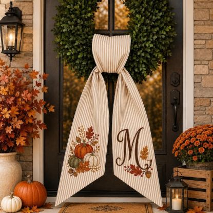 Personalized Pumpkin Fall Wreath Sash, Monogram Bow, Orange Stripe Thanksgiving Wreath Decor, Autumn Front Door Accent