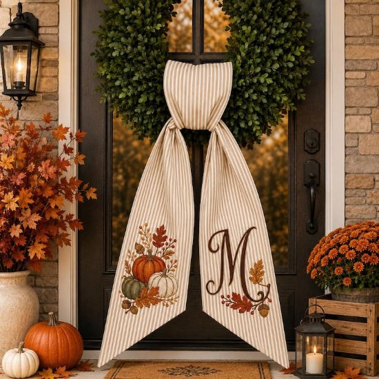 Personalized Pumpkin Fall Wreath Sash, Monogram Bow, Orange Stripe Thanksgiving Wreath Decor, Autumn Front Door Accent