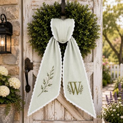 Personalized Monogram Wreath Sash, Sage Green Stripe Floral Branch Door Bow, White Ric Rac Porch Decor, Custom Initial Ribbon Gift 2026