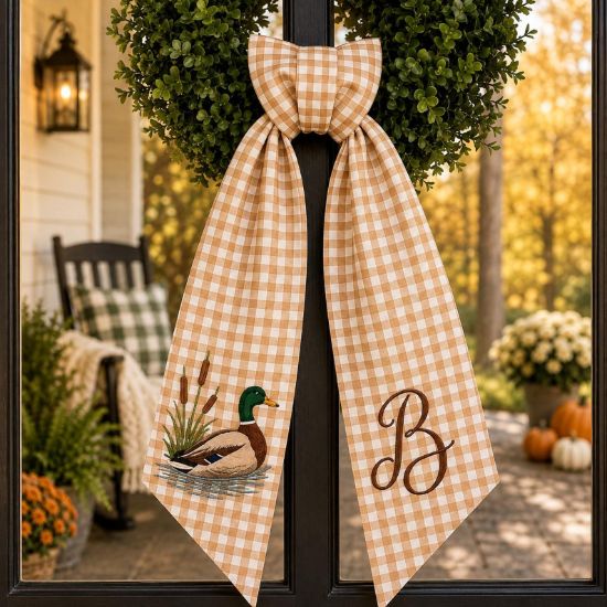 Personalized Wreath Sash, Custom Monogram Door Bow, Cream Mallard Duck Embroidered Sash, Hunting Gift, Rustic Fall Front Door Entry Decor
