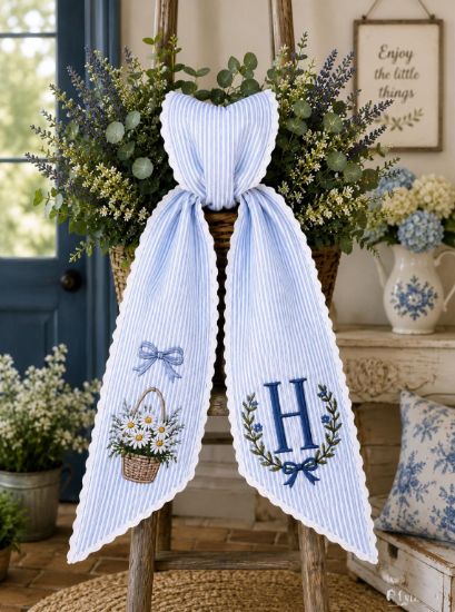 Personalized Monogram Floral Wreath Sash, Custom Initial Door Scarf, Embroidered Linen Porch Decor, Front Door Ribbon Gift 2026