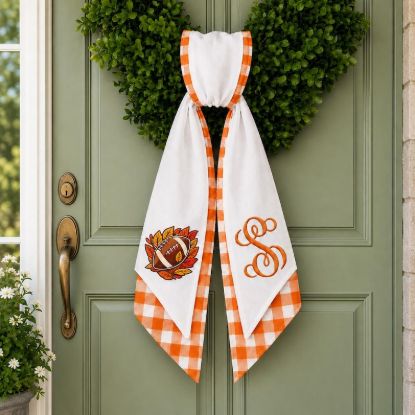Personalized Football Wreath Sash, Custom Monogram Fall Door Decor, Orange Gingham Wreath Bow, Game Day Thanksgiving Front Porch Decor