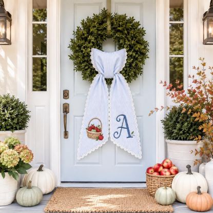 Personalized Fall Wreath Sash, Apple Basket Monogram Bow, Embroidered Front Door Decor, Custom Initial Autumn Thanksgiving Wreath Gift