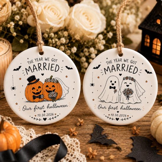 Personalized First Halloween Married Ornament, Custom Halloween Wedding Ceramic Ornament, Ghost or Pumpkin Couple Keepsake, Halloween Gift