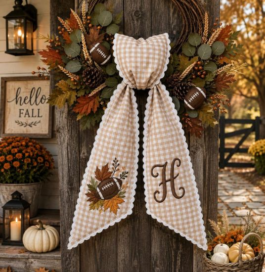 Personalized Football Wreath Sash, Custom Monogram Game Day Door Scarf, Embroidered Gingham Fall Porch Decor, Tailgate Party Gift 2026