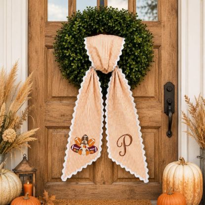 Personalized Fall Football Wreath Sash, Custom Monogram Embroidered Bow, Orange Striped Pumpkin Door Decor, Thanksgiving Game Day Sash