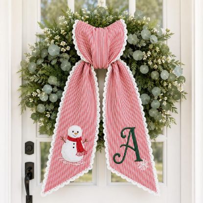 Personalized Christmas Wreath Sash, Snowman Monogram Bow, Embroidered Front Door Decor, Custom Initial Winter Holiday Wreath Accent Gift