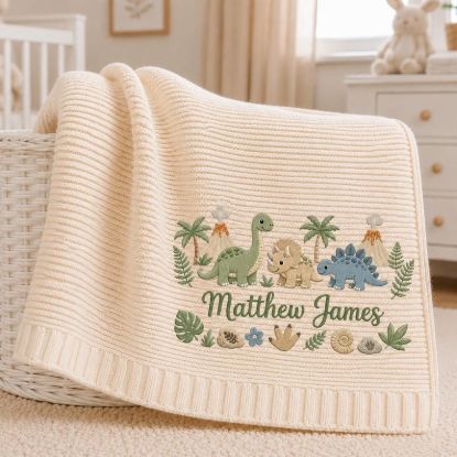 Personalized Dinosaur Baby Blanket with Name | Embroidered Dino Knit Blanket | Nursery Decor | Baby Shower Gift | Newborn Keepsake Gift Idea