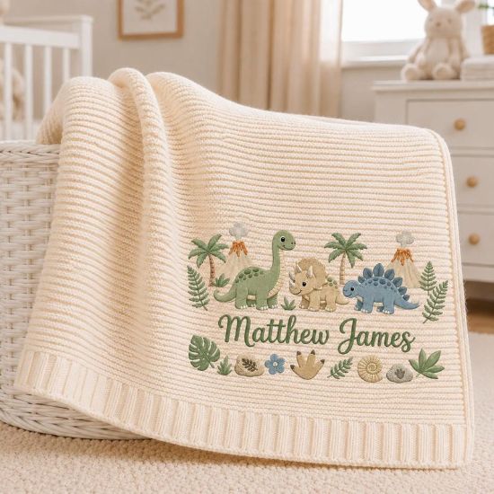 Personalized Dinosaur Baby Blanket with Name | Embroidered Dino Knit Blanket | Nursery Decor | Baby Shower Gift | Newborn Keepsake Gift Idea