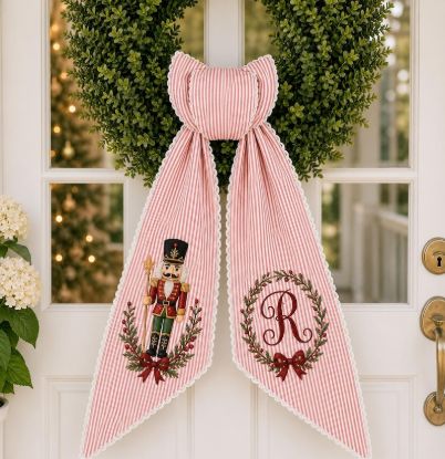 Personalized Embroidered Nutcracker Seersucker Wreath Sash, Monogram Holiday Door Decor, Christmas Ribbon Bow, Xmas Gift