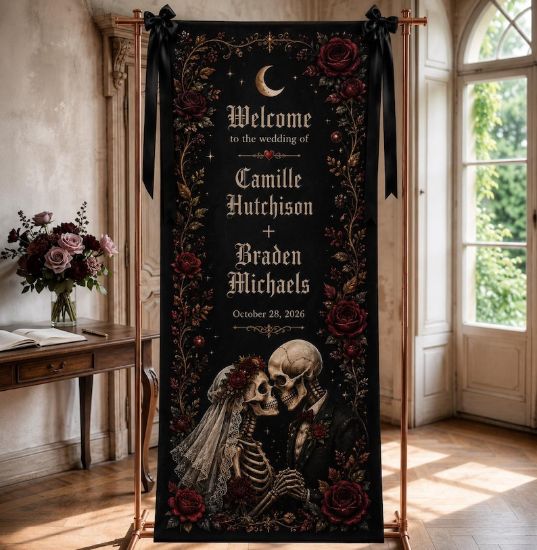 Custom Personalized Gothic Wedding Banner, Spooky Couple Ceremony Polyester Tapestry, Halloween Wedding Welcome Sign Backdrop