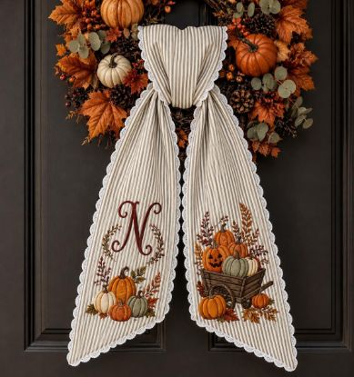 Embroidered Pumpkin Wreath Sash Fall Decor, Fall Wreath Sash, Last Name Wreath Sash, Sage Green Striped Door Bow, Hostess Gift