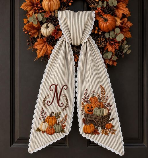 Embroidered Pumpkin Wreath Sash Fall Decor, Fall Wreath Sash, Last Name Wreath Sash, Sage Green Striped Door Bow, Hostess Gift