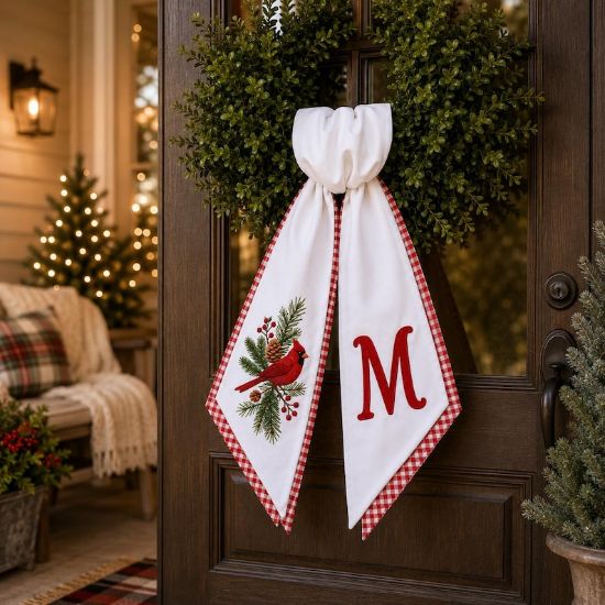 Personalized Embroidered Christmas Wreath Sash, Cardinal and Bell Door Bow, Custom Trim Color, Striped Holiday Front Door Decor