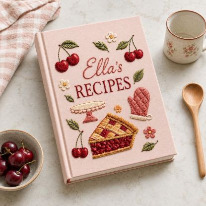 Personalized Hand Embroidered Recipe Book, Custom Family Recipe Journal, Cherry Pie Cookbook, Cottagecore Baking Keepsake, Gift for Mom