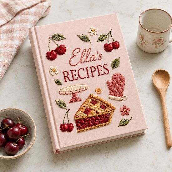 Personalized Hand Embroidered Recipe Book, Custom Family Recipe Journal, Cherry Pie Cookbook, Cottagecore Baking Keepsake, Gift for Mom