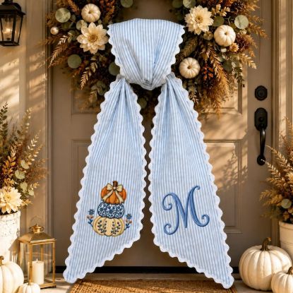 Personalized Fall Wreath Sash, Embroidered Pumpkin Monogram Bow, Blue Striped Front Door Decor, Thanksgiving Autumn Wreath Decor Accent