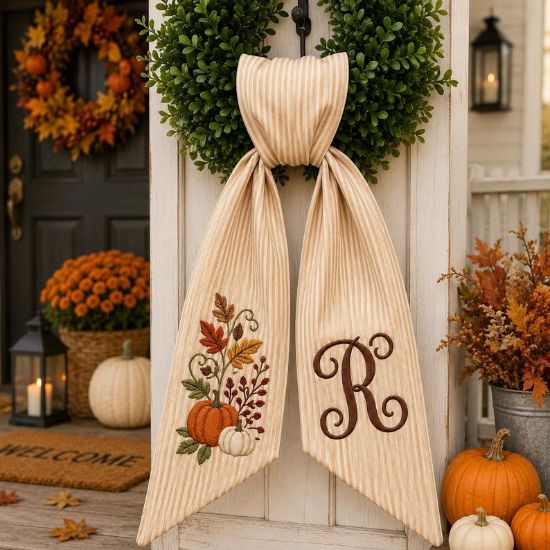 Personalized Fall Wreath Sash, Custom Embroidered Monogram Door Hanger Bow, Autumn Acorn Leaf Ribbon, Front Door Decor Gift