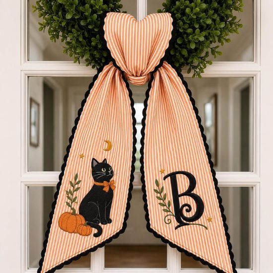 Custom Embroidered Pumpkin Cat Halloween Wreath Sash, Personalized Monogram Gingham Ribbon Bow, Spooky Front Door Decor, Fall Gift