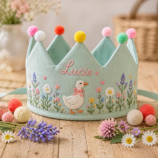 Custom Hand Embroidered Linen Crown, Baby First Birthday Crown, Kids Name Crown, Personalized Floral Flower Gift