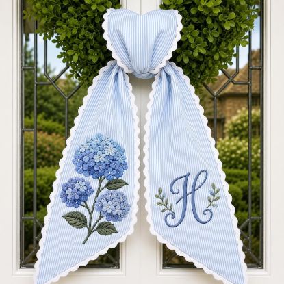 Custom Embroidered Hydrangea Wreath Sash, Personalized Monogram Ticking Stripe Bow, Front Porch Wedding Decor