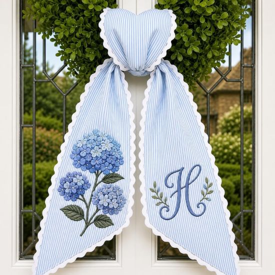 Custom Embroidered Hydrangea Wreath Sash, Personalized Monogram Ticking Stripe Bow, Front Porch Wedding Decor