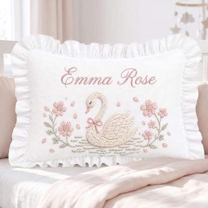 Personalized Baby Name Embroidered Swan Ruffle Pillow Case | Floral Nursery Cushion | Baby Girl Room Decor | Baby Shower Gift
