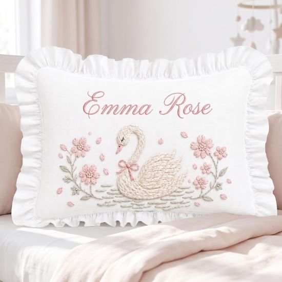 Personalized Baby Name Embroidered Swan Ruffle Pillow Case | Floral Nursery Cushion | Baby Girl Room Decor | Baby Shower Gift