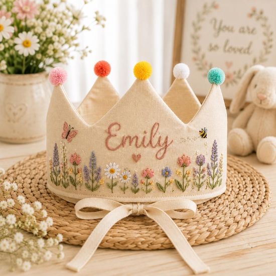 Personalized Wildflower Bee Linen Birthday Crown, Hand Embroidered Floral Name Keepsake, Custom Kids Birthday Party Party Hat