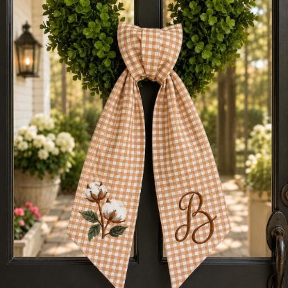 Embroidered Cotton Boll Wreath Sash, Personalized Monogram Wreath Sash for Front Door, Farmhouse Fall Wreath Ribbon, Autumn Door Decor