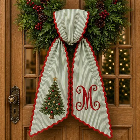 Embroidery Personalized Christmas Tree Sash 2026, Christmas Tree Wreath Sash, Green Stripe Holiday Door Bow, Custom Initial Christmas Decor