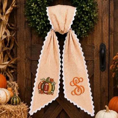 Personalized Football Pumpkin Wreath Sash, Custom Monogram Embroidered Bow, Orange Striped Fall Door Decor, Thanksgiving Porch Sash